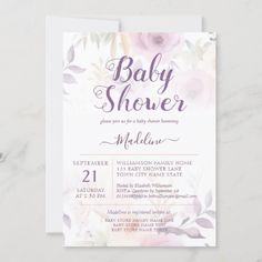 a baby shower card with watercolor flowers on the front and purple leaves on the back