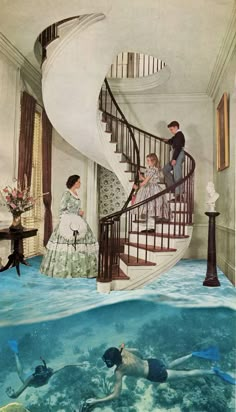 two people are swimming in the water near a spiral staircase and another woman is standing on it