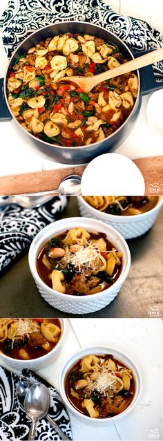 three pictures show different types of food being cooked in the same skillet, including pasta and vegetables