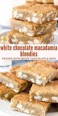 white chocolate macadamia blondies stacked on top of each other with the text overlay