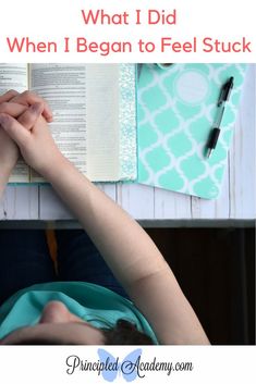 a person laying down with their hands on top of an open book and the words, what i did when i begun to feel stuck