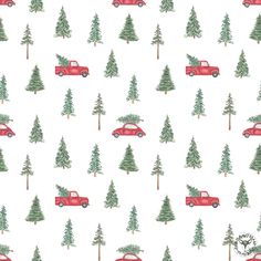 a red truck with a christmas tree on it's roof is driving through the woods