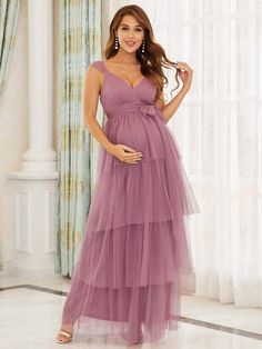 Tie Waist V-Neck Tiered Floor-length Maternity Dress #color_Pink Elegant Maternity Dresses, Tulle Maternity Dress, Dress For Pregnant Women, Light Teal Color, Tiered Tulle Skirt, Maternity Long Dress, Pregnancy Wardrobe, Ever Pretty, Purple Orchids