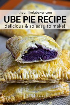 three pastries stacked on top of each other with the words, ube pie recipe delicious and so easy to make