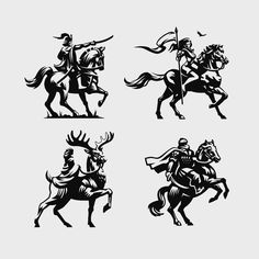 four black and white silhouettes of knights on horses