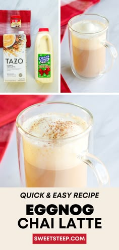 eggnog chai latte recipe in a glass mug with ingredients to make it