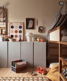 a child's bedroom with bunk beds and toys on the floor