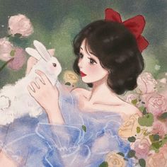 a painting of a woman holding a bunny in her hands and flowers around her neck