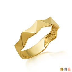 Gold Geometric Textured Band Ring (Available in Yellow/Rose/White Gold) Factory Direct Jewelry R6521 Discover elegance in simplicity with our Geometric Textured Band Ring, a symbol of modern style and sophistication. Crafted with precision, this ring features a geometric textured design that exudes understated charm and timeless appeal. Perfect for adding a touch of flair to any ensemble, it serves as a versatile accessory for both casual and formal occasions. The geometric pattern symbolizes balance, harmony, and order, making it an ideal choice for those seeking to make a statement of confidence and refinement. Its versatile design allows for effortless pairing with any outfit, adding a touch of sophistication to your look. Designed to be both fashionable and functional, our Geometric Te Elegant White Geometric Jewelry, Geometric Yellow Gold Jewelry For Gifts, Minimalist Wavy Yellow Gold Ring, Textured Yellow Gold-plated Jewelry, Gold Factory, Handmade Geometric Yellow Jewelry, Gold Sign, Gold Geometric, Yellow Roses