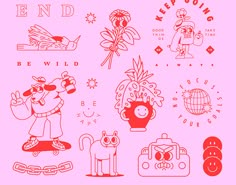 an image of various cartoon characters on a pink background