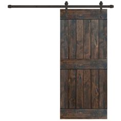 an open wooden door with metal bars on the top and bottom, against a white background