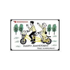 a man riding a bike next to a woman on a bike with the words happy anniversary