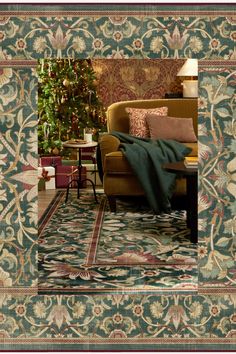 a living room filled with furniture and a christmas tree in the corner on top of a rug