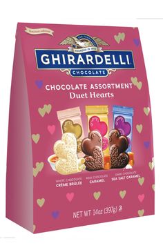 a bag of chocolate assortment with hearts on the front and back side, in pink packaging