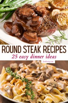 steak dinner with mushrooms, green beans and sauce on the side is an easy dinner idea