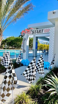 checkered flags are lined up in front of the start sign