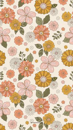 a floral pattern with orange, yellow and pink flowers