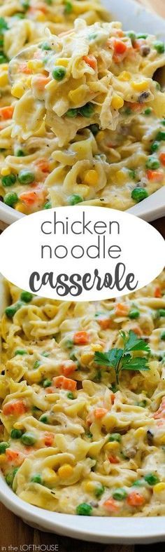 chicken noodle casserole with carrots and peas