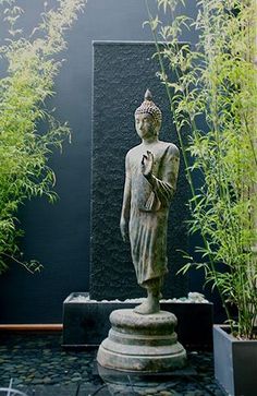 a buddha statue sitting in front of some plants