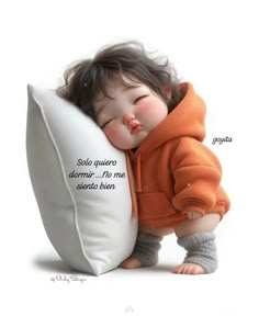 a baby doll is sleeping on a pillow with the caption's words above it