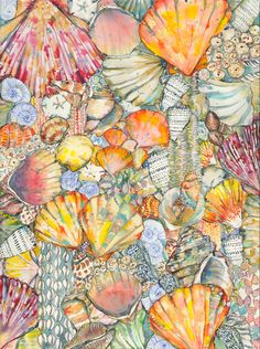 an abstract painting of seashells and starfish in various colors, sizes and shapes