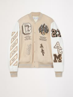 Off White Varsity Jacket, American Street Fashion, Off White Jacket, Leather Sleeves, Y2k Jacket, Leather Sleeve, Ac Milan, White Jacket, Jacket Style