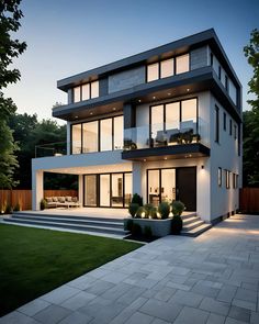 a modern house is lit up at night with lights on the windows and steps leading to the upper level