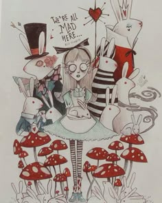 a drawing of alice and the white rabbit in wonderlandland with red mushrooms, black and white