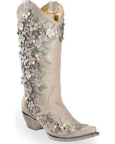 Corral Women's White Floral Overlay Embroidered Stud and Crystals Cowgirl Boots - Snip Toe, White Mode Country, Cowgirl Boots Wedding, Boots Wedding, Cow Girl Boots, Classic Black Boots, Brides Shoes, Cowgirl Wedding, Country Shoes, Bridal Boots