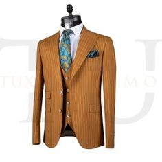 [6715-4] 3-Piece Mustard Peak Lapel Two Button Pinstripe Suit With Vest And Pants - Tuxedo Uomo Elegant Striped Blazer With Pockets, Tailored Striped Suits With Double Button Closure, Tailored Pinstripe Workwear Sets, Tailored Pinstripe Sets For Work, Luxury Striped Suits For Office, Elegant Tailored Pinstripe Sets, Luxury Striped Single Breasted Suits, Striped Double Breasted Suit For Tailoring, Tailored Striped Suits With Pockets