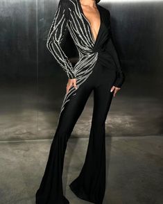 Long Sleeves Embellished Jumpsuit Black Crystal Jumpsuit, Modest Prom Gowns, Blazer Jumpsuit, Rhinestone Jumpsuit, Black Sequin Jumpsuit, Blazer Design, Embellished Blazer, Embellished Jumpsuit, Long Sleeve Bandage Dress