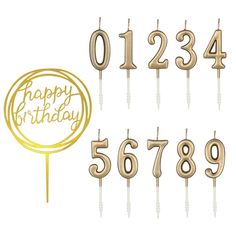 gold happy birthday cake toppers with numbers and arrows, set of 6 - party decorations