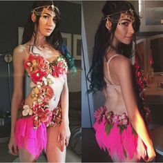 two pictures of a woman with flowers on her body and one is wearing a costume