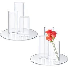 three clear vases and one red flower on a white plate with two smaller glass vases