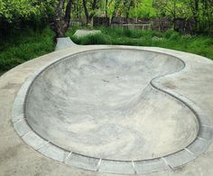 a concrete skateboard park in the middle of a grassy area with trees and bushes