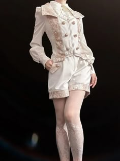 White and Gold Ouji Fashion Lolita Waistcoat / Coat / Straight-leg Cut Shorts Steampunk Boy, Fluttershy Cosplay, Ouji Fashion, Cut Shorts, Prince Clothes, Half Pants, Beige Jacket, Bach Party, Jacket Vest