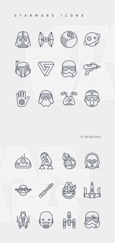 the star wars icon set is shown in blue and white, as well as an image of