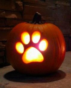 a carved pumpkin with an animal's paw on the inside and glowing in the middle