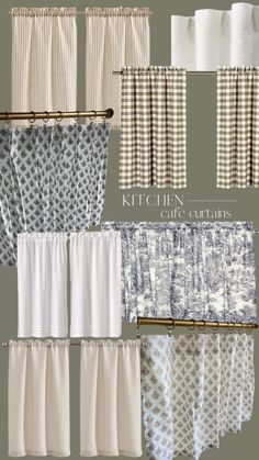 kitchen curtains and valances are shown in different styles, colors, and patterns for the curtain