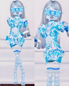 two different views of a girl in blue and white clothing with long hair, holding her hands out