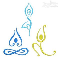 two blue and yellow designs are shown on a white background, one has an image of a person holding a water drop