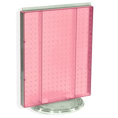 a pink wall mounted cabinet with holes on the front and bottom panels, in a metal stand