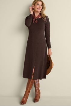 Designed to flatter, destined to become a favorite. Easy knit dress is cut to follow your curves with a deep front slit that gives it extra swing. The boatneck shows off your collarbone. Shirred long sleeves. Boots With Midi Dress, Dresses For Women Over 60, Fall Dresses Casual, Winter Dresses For Women, Wide Leg Leggings, Soft Surroundings Dresses, Classy Outfits For Women, Easy Knit, Faux Suede Jacket