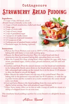 a recipe for strawberry bread pudding on a plate