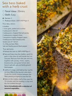 the recipe for sea bass baked with a herb crust is shown in this brochure