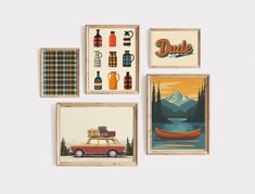 four framed art pieces depicting different things on the wall, including a car and canoe