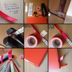 several pictures of different types of crafting supplies on a table with tape and scissors