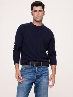 This soft crew-neck sweater is knitted using our 12 gauge cashmere—an ideal choice for all seasons.  Good Cashmere Standard™: The cashmere for this product is produced according to the Good Cashmere Standard™, which aims to improve the welfare of the cashmere goats, protect natural resources, and support local farmers.  Crew neck.  Straight hem.  Standard fit.  Long sleeves.  Hip length.  Body length (size M): Regular 27", Tall 28" Sleeve length from center back: Regular 34", Tall 35. 5" Model: Size M, 6'2" (188cm). Cashmere Sweater Men, Support Local Farmers, Prep Style, Deep Navy Blue, Concept Clothing, Mens Cashmere, Banana Republic Men, 12 Gauge, Banana Republic Sweater