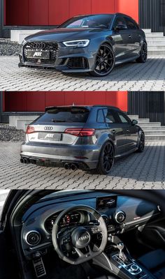 the inside and outside view of an audi car in three different angles, with red walls behind it