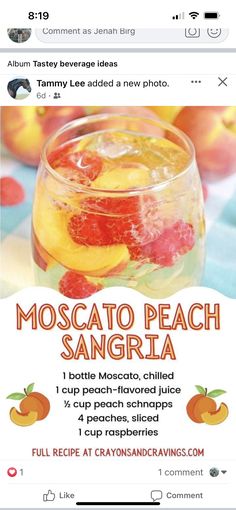 a recipe book with the title moscato peach sangria